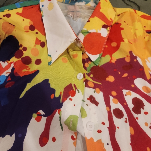 Splatter colored blouse. White background with green, purple, & orange. - Picture 3 of 11
